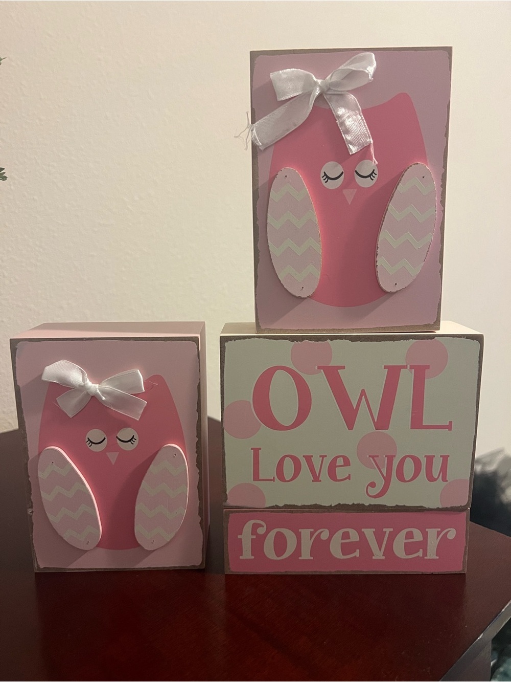 Pink Owl Wooden Blocks Decor Set